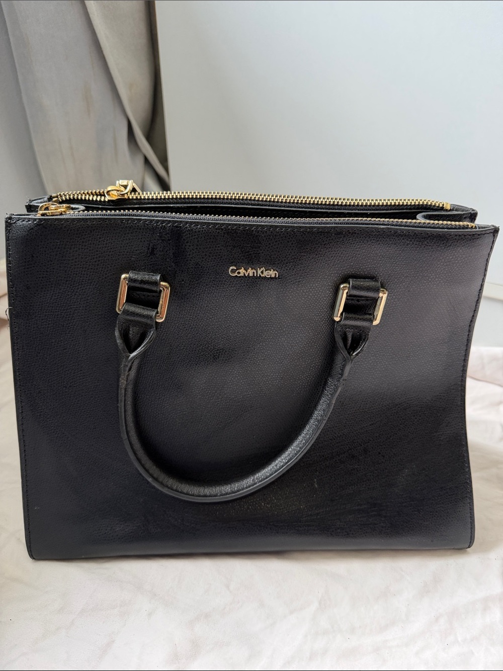 Calvin Klein Black Leather Satchel with Gold Hardware